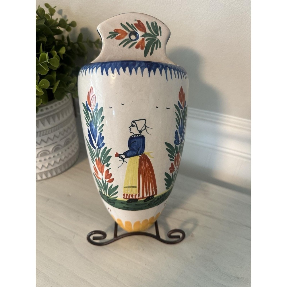 Vintage HB Henriot Quimper France Wall Planter Breton Woman Faience 10" Pocket